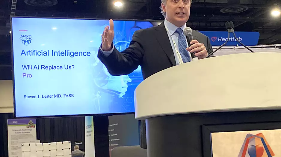 Steven Lester, MD, Mayo Clinic, explains how AI will soon revolutionize the echo lab. Photo by Dave Fornell. #ASE #ASE360
