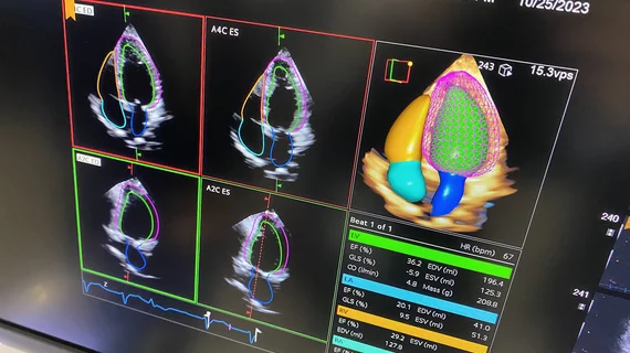 Example of a totally AI driven echocardiography workflow on the new Siemens Origin ultrasound system unveiled in 2023. The AI did all the work on this screen, taking a 3D echo exam and automatically segmenting the anatomy, contoured all the chambers, found the ideal views to display and then calculated all the measurements in seconds. Photo by Dave Fornell at TCT 2023. 